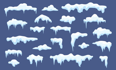 Snow and ice, winter snowy caps for roof design. Cartoon seasonal nature elements, snowfall and icicles. Dripping icicle, snugly vector set - obrazy, fototapety, plakaty