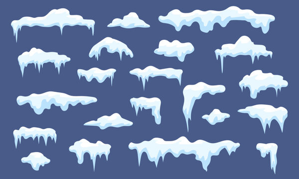 Snow and ice, winter snowy caps for roof design. Cartoon seasonal nature elements, snowfall and icicles. Dripping icicle, snugly vector set