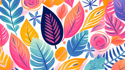 seamless background of different colorful tropical leaves on white background, Ai Generative