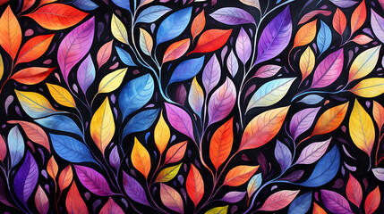 Vibrant stained glass artwork, full frame, leaves pattern, colorful, artistic, abstract design., Ai Generative