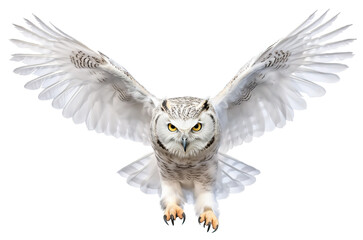 Snowy Owl in Flight on White Background. AI generated Illustration. - 624212744