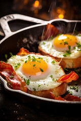 Fried Eggs and Bacon for Breakfast in Cast Iron Pan.  AI generated Illustration.