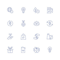 Ecology line icon set on transparent background with editable stroke. Containing recycling, eco, green energy, leaf, sustainability, hydraulic energy, recycle, plant, shopping bag, growth.