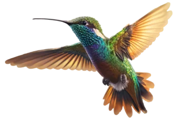 Foto op Canvas Beautiful Hummingbird in Flight on white background . AI generated Illustration. © SunnyS