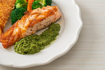 grilled salmon steak with pesto sauce