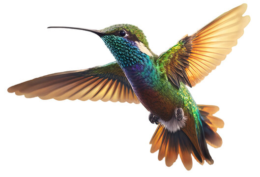 Beautiful Hummingbird in Flight on white background . AI generated Illustration. © SunnyS