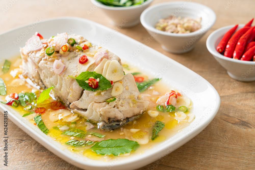 Sticker steamed sea bass fish with herbs