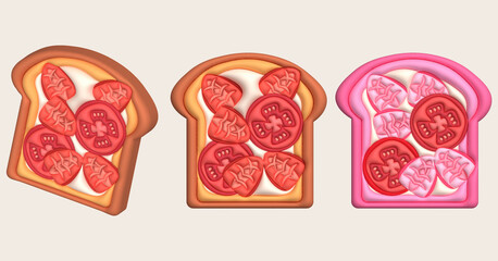 Morning sandwich 3D illustration Healthy meal with toast, fresh vegetables and sauces, strawberries, tomatoes