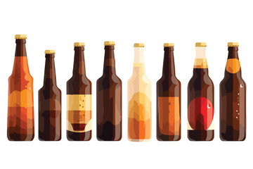 Set of alcohol bottles, cartoon style, whiskey, tequila, beer and other alcoholic beverages, vector isolated 