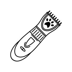 Animal shaver vector icon. Electric clipper for shaving pets. Grooming tool, cats and dogs care. Trimmer with paw symbol. Simple doodle, sketch. Isolated clipart for print, vet clinic, shop, web, app
