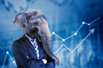 Confident elephant-headed businessman with uptrend financial chart background