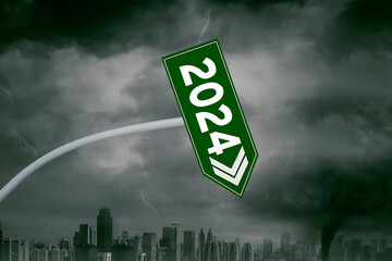 Bending road sign with a lettering 202 new year numbers over thunderstorm city background