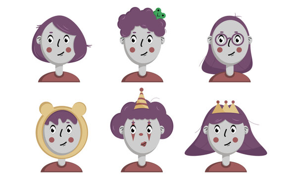 Set of girl vector illustrations in different styles on a white background. Cartoon girl. Cartoon girl with a frog. Back to school. Cute. Clown. Princess 