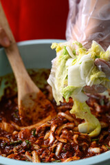 Korean food, Kimchi cabbage cooking with hand, Homemade fermented side dish