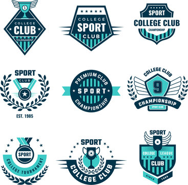 Sport labels. College sport team emblem or logo recent vector template with place for text