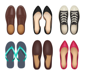 Shoes. Realistic collection of male and female top view paired modern shoes decent vector illustration set