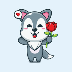 cute wolf holding rose flower cartoon vector illustration.