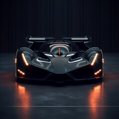 Black racing sports car with glowing lights futuristic background, 3d rendering