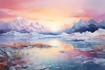 Fototapeta na wymiar Mountain landscape with frozen lake at sunset