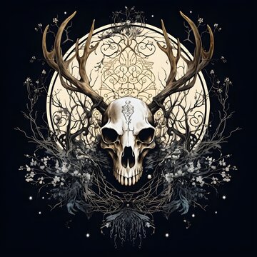 Skull with antlers and floral pattern on black background