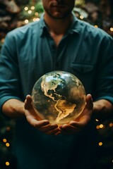 Fototapeta premium Man holding glass globe with planet earth in his hands