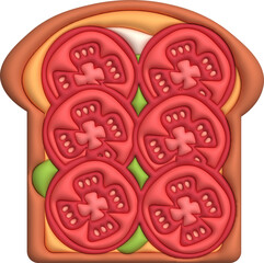 Morning sandwich 3D illustration Healthy food with toast, fresh vegetables and sauces, tomatoes