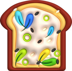 Morning sandwich 3D illustration Healthy food with toast, fresh vegetables and sauces.