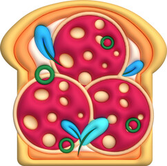 Morning sandwich 3D illustration Healthy meal with toast, fresh vegetables and sauce, pepperoni