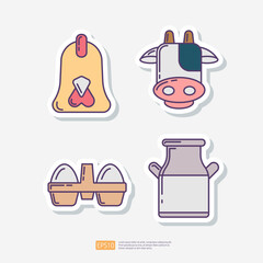 Chicken head, cow head, eggs in box package, milk tank can. Agriculture and farming sticker icon set. Vector Illustration