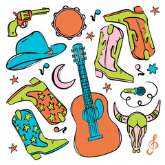 COWBOY FEST SYMBOLS Musical Set Of Bright Clip Art Cowboy Boots And Hat Colt Guitar Tambourine Microphone Treble Clef Notes And Bull's Skull Vector Collection