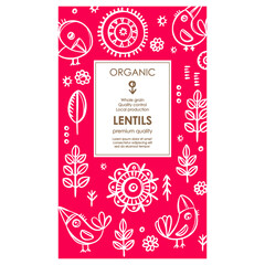 LENTILS PACKAGING Groats Abstract Nature Modern Vector Template With Birds And Plants On Red Color Background Organic Design With Hand Drawn Illustration