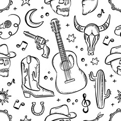 COWBOY FEST MONOCHROME Various Attributes Of American Cowboy Western Music Festival Colorful Seamless Pattern Vector Illustration Collection For Printable