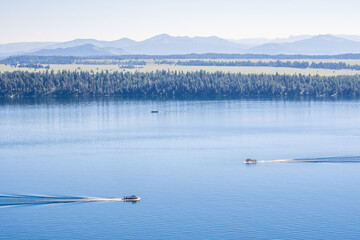 Tourist shuttle boats at Jenny Lake in Grand Teton National Park, Wyoming