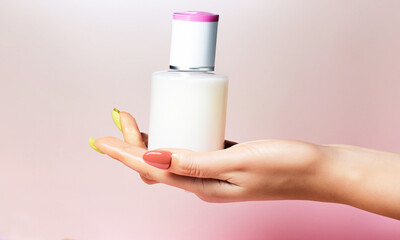 woman hands with nail polish, modern packaging, isolated back ground. AI generated