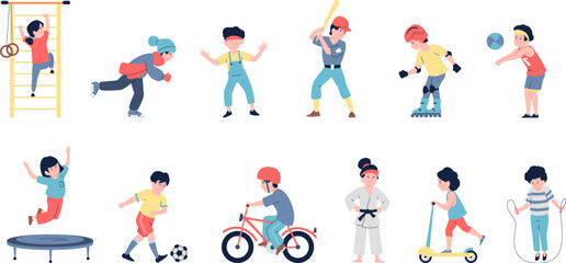 Kids activities, sporting and gaming children. Happy little athletics characters, flat cartoon jumping and running boys and girls, recent vector set