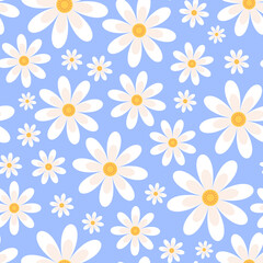 Daisy seamless pattern, chamomile fashion fabric print. Trendy flat floral texture, cute simple flowers background. Nature racy vector design