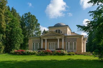 View of the Pavilion of Roses (Pink Pavilion) in Pavlovsky Park — landscape park as part of the Pavlovsk State Museum-Reserve on a sunny summer day, St. Petersburg, Russia