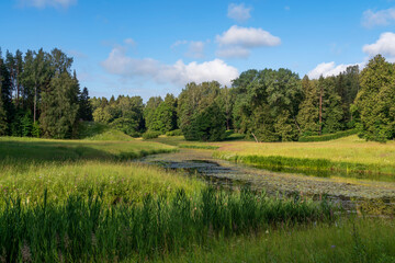 Obraz premium Slavyanka River Valley in the landscape part of the Pavlovsk Palace and Park Complex on a sunny summer day, Pavlovsk, Saint Petersburg, Russia