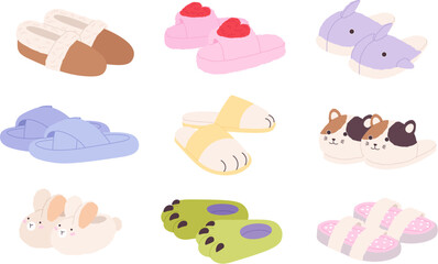 Home cartoon slippers for kids and adults. Fluffy slipper, winter footwear for house. Warm comfortable bedroom footwears racy vector collection