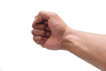 clenched fist of adult man isolated white background