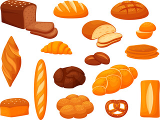 Cartoon bread set. Isolated ciabatta, buns and breads loaf. Snack pretzels, croissant, baguette and cake pastry. Nowaday bakery vector clipart
