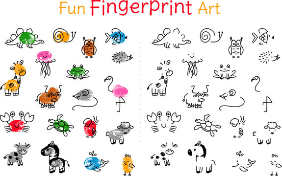 Kids animals fingerprint game. Art nursery educational baby activities, school lesson. Fun child drawing play with print finger, classy vector page