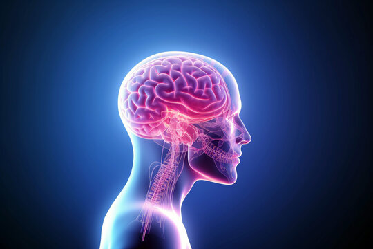 A human brain in lateral view with highlighted brain science illustration