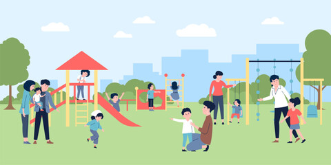 City park children playground with mother and father. Summer outdoor activity, kids play together and with parents. Kindergarten recreation recent vector scene