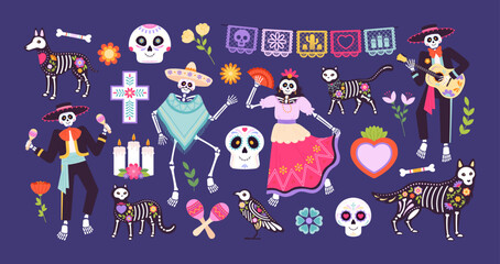 Horror mexican animals skulls, sugar pet skull and skeletons. Mexican fiesta decoration, cartoon celebrating day of dead racy vector symbols