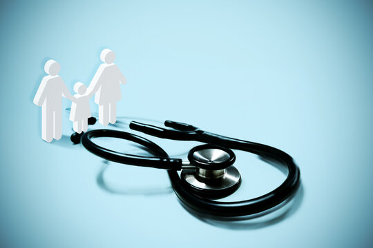 Medical stethoscope and icon family on cyan background. Health care insurance concept.