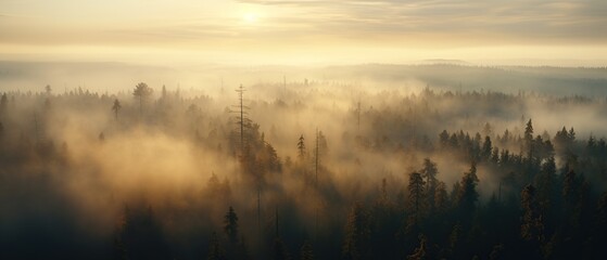 Sunrise over the foggy autumn forest.