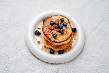 Breakfast Blueberry Pancakes and Honey Granola