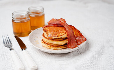 Breakfast Pancakes and Bacon with Honey