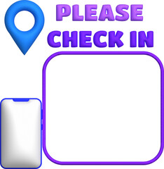 3d illustration qr code frame mobile phone and an icon to check in.